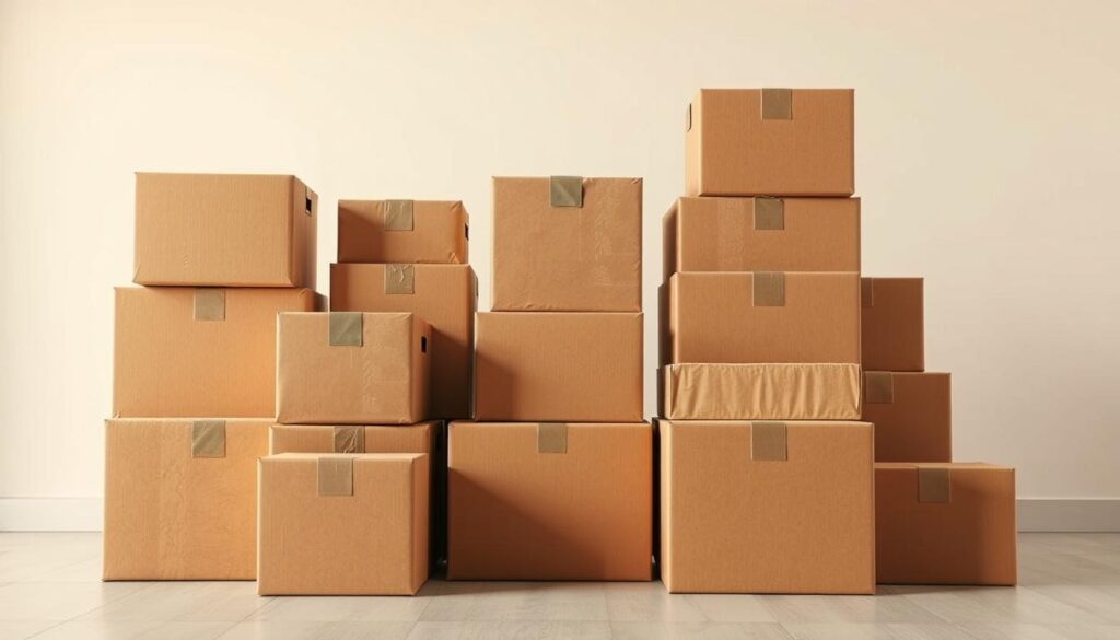 A detailed, high-quality image of a variety of cardboard boxes for furniture moving in Cairo, showcasing the services of "Sherkat El-Hur Lenakel El-Athaath" (شركة الحر لنقل الاثاث). The image should depict different sizes and shapes of cardboard boxes, neatly stacked and arranged, with a clean, well-lit background. The boxes should have a realistic, textured appearance, with subtle shadows and highlights to create depth and dimension. The lighting should be soft and diffused, creating a warm, inviting atmosphere. The overall composition should be balanced and visually appealing, highlighting the versatility and quality of the moving boxes offered by the company. A detailed, high-quality image of a variety of cardboard boxes for furniture moving in Cairo, showcasing the services of "Sherkat El-Hur Lenakel El-Athaath" (شركة الحر لنقل الاثاث). The image should depict different sizes and shapes of cardboard boxes, neatly stacked and arranged, with a clean, well-lit background. The boxes should have a realistic, textured appearance, with subtle shadows and highlights to create depth and dimension. The lighting should be soft and diffused, creating a warm, inviting atmosphere. The overall composition should be balanced and visually appealing, highlighting the versatility and quality of the moving boxes offered by the company.