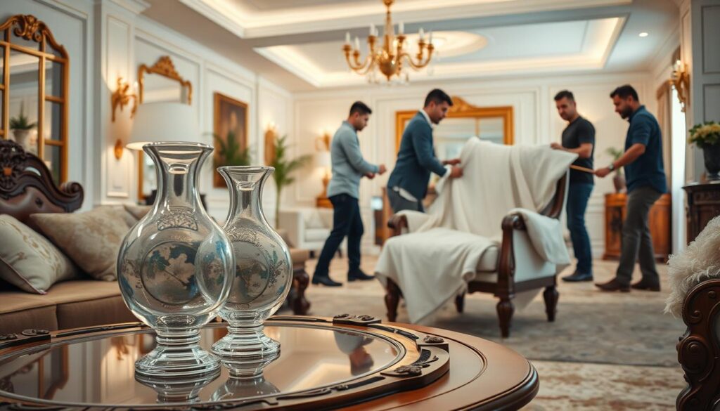 A meticulously crafted image showcasing the furniture protection services of شركة الحر لنقل الاثاث. In the foreground, a delicate vase rests atop an ornate table, surrounded by plush cushions and a luxurious throw. Intricate carvings and polished surfaces reflect the high-quality craftsmanship. In the middle ground, a team of movers carefully wrap a fragile armchair in protective padding, ensuring its safe transit. The background depicts a well-lit, spacious interior with elegant decor, conveying a sense of refined elegance and attention to detail. Soft, diffused lighting creates a warm, inviting atmosphere, emphasizing the importance of comprehensive furniture protection during the relocation process. A meticulously crafted image showcasing the furniture protection services of شركة الحر لنقل الاثاث. In the foreground, a delicate vase rests atop an ornate table, surrounded by plush cushions and a luxurious throw. Intricate carvings and polished surfaces reflect the high-quality craftsmanship. In the middle ground, a team of movers carefully wrap a fragile armchair in protective padding, ensuring its safe transit. The background depicts a well-lit, spacious interior with elegant decor, conveying a sense of refined elegance and attention to detail. Soft, diffused lighting creates a warm, inviting atmosphere, emphasizing the importance of comprehensive furniture protection during the relocation process.