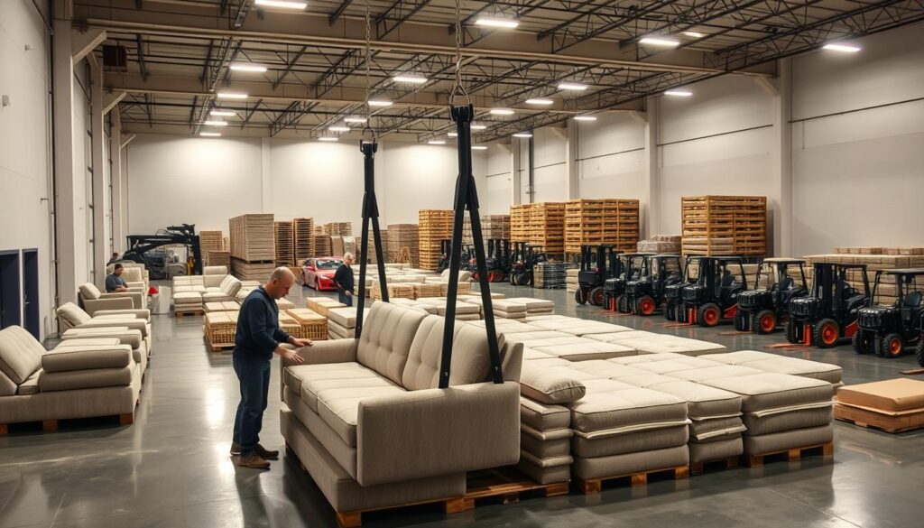 A spacious, modern warehouse filled with state-of-the-art equipment used by the furniture moving company "شركة الحر لنقل الاثاث". In the foreground, a team of workers carefully maneuver a large, delicate sofa using specialized lifting devices. The middle ground showcases rows of neatly stacked furniture, protected by thick padding and secured with precision. In the background, forklifts and other specialized vehicles stand ready to transport the items safely to their destination. Soft, directional lighting illuminates the scene, creating an atmosphere of efficiency and professionalism. The overall impression conveys the advanced capabilities and attention to detail employed by "شركة الحر لنقل الاثاث" in their furniture relocation services. A spacious, modern warehouse filled with state-of-the-art equipment used by the furniture moving company "شركة الحر لنقل الاثاث". In the foreground, a team of workers carefully maneuver a large, delicate sofa using specialized lifting devices. The middle ground showcases rows of neatly stacked furniture, protected by thick padding and secured with precision. In the background, forklifts and other specialized vehicles stand ready to transport the items safely to their destination. Soft, directional lighting illuminates the scene, creating an atmosphere of efficiency and professionalism. The overall impression conveys the advanced capabilities and attention to detail employed by "شركة الحر لنقل الاثاث" in their furniture relocation services.