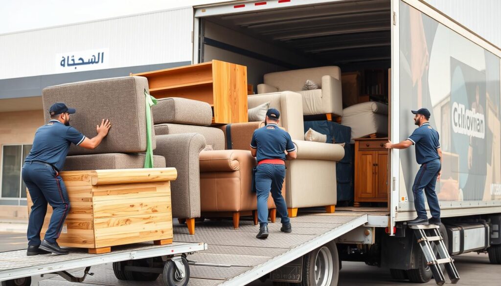A well-lit, high-quality photograph of a professional furniture moving service in Menoufia, Egypt. The scene depicts a team of strong, uniformed movers carefully loading and securing various household items such as sofas, armchairs, and wooden furniture onto a large truck. The movers are using specialized equipment like dollies and straps to ensure the safe transport of the belongings. In the background, a clean, modern warehouse-style building with the logo of "شركة الحر لنقل الاثاث" can be seen. The overall atmosphere conveys a sense of efficiency, professionalism, and attention to detail in the furniture moving process. A well-lit, high-quality photograph of a professional furniture moving service in Menoufia, Egypt. The scene depicts a team of strong, uniformed movers carefully loading and securing various household items such as sofas, armchairs, and wooden furniture onto a large truck. The movers are using specialized equipment like dollies and straps to ensure the safe transport of the belongings. In the background, a clean, modern warehouse-style building with the logo of "شركة الحر لنقل الاثاث" can be seen. The overall atmosphere conveys a sense of efficiency, professionalism, and attention to detail in the furniture moving process.