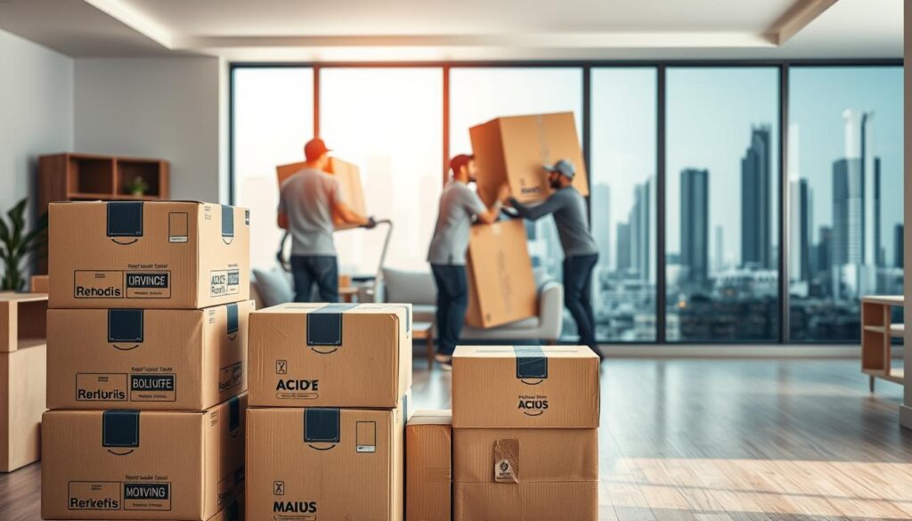 A well-lit room showcasing the careful packing and transport of furniture using high-quality moving boxes from شركة الحر لنقل الاثاث. The boxes are stacked neatly in the foreground, their sturdy construction and branded design evident. In the middle ground, skilled movers handle the furniture with care, using specialized moving equipment to ensure a safe and efficient relocation. The background depicts a modern Cairo cityscape, hinting at the reliable service provided by this reputable moving company. The overall scene conveys a sense of professionalism, attention to detail, and the importance of using the appropriate packing materials for a successful furniture relocation. A well-lit room showcasing the careful packing and transport of furniture using high-quality moving boxes from شركة الحر لنقل الاثاث. The boxes are stacked neatly in the foreground, their sturdy construction and branded design evident. In the middle ground, skilled movers handle the furniture with care, using specialized moving equipment to ensure a safe and efficient relocation. The background depicts a modern Cairo cityscape, hinting at the reliable service provided by this reputable moving company. The overall scene conveys a sense of professionalism, attention to detail, and the importance of using the appropriate packing materials for a successful furniture relocation.